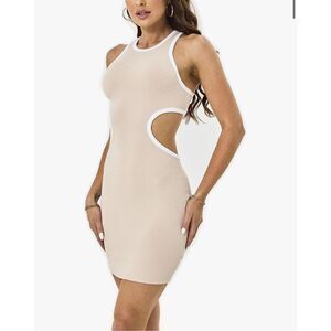NEW Tan Cut Out Waist Open Back Bodycon Ribbed Mini Dress M